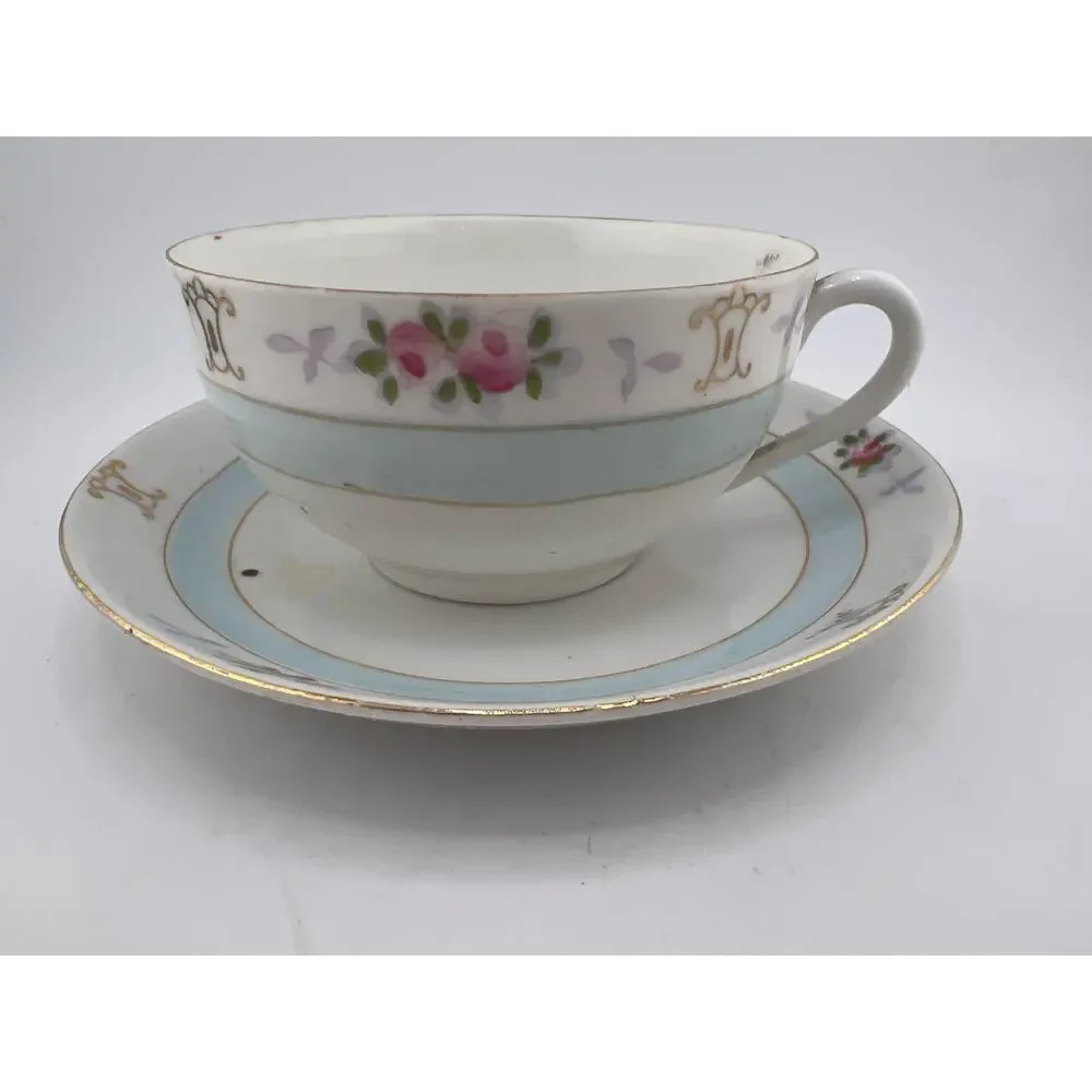 Vintage Tea Cup and Saucer Nippon Blue White Flowers‎ Floral Gold